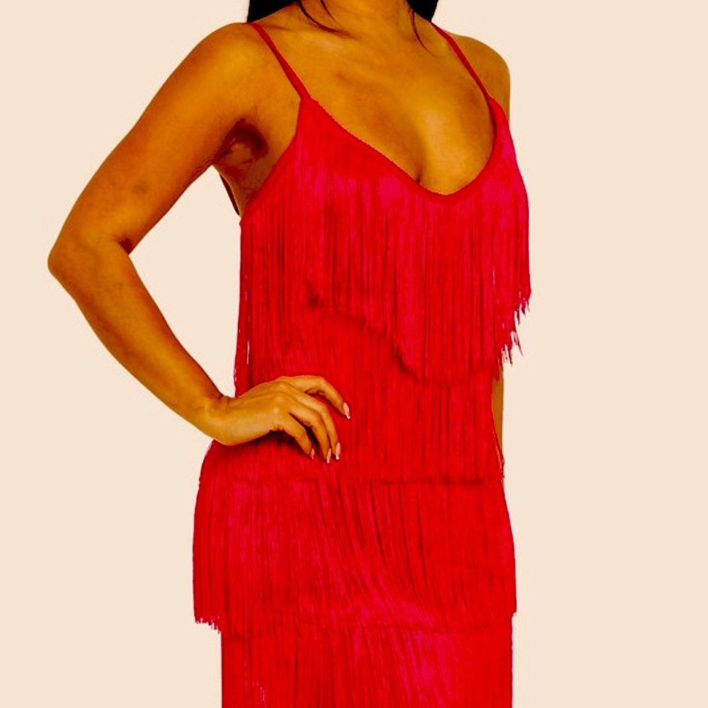 Red Fringe Party Dress New Spaghetti Strap Mini  Sizes S M L - Picture 9 of 9